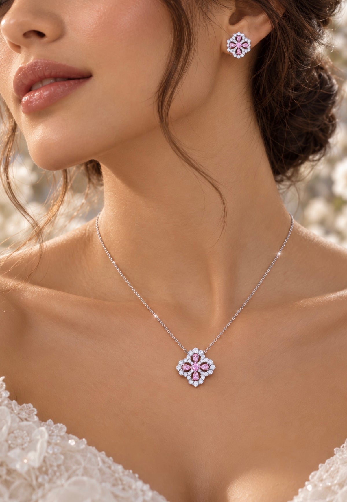 NISHKI Pink Lucky Clover S925 Necklace & Earring Set