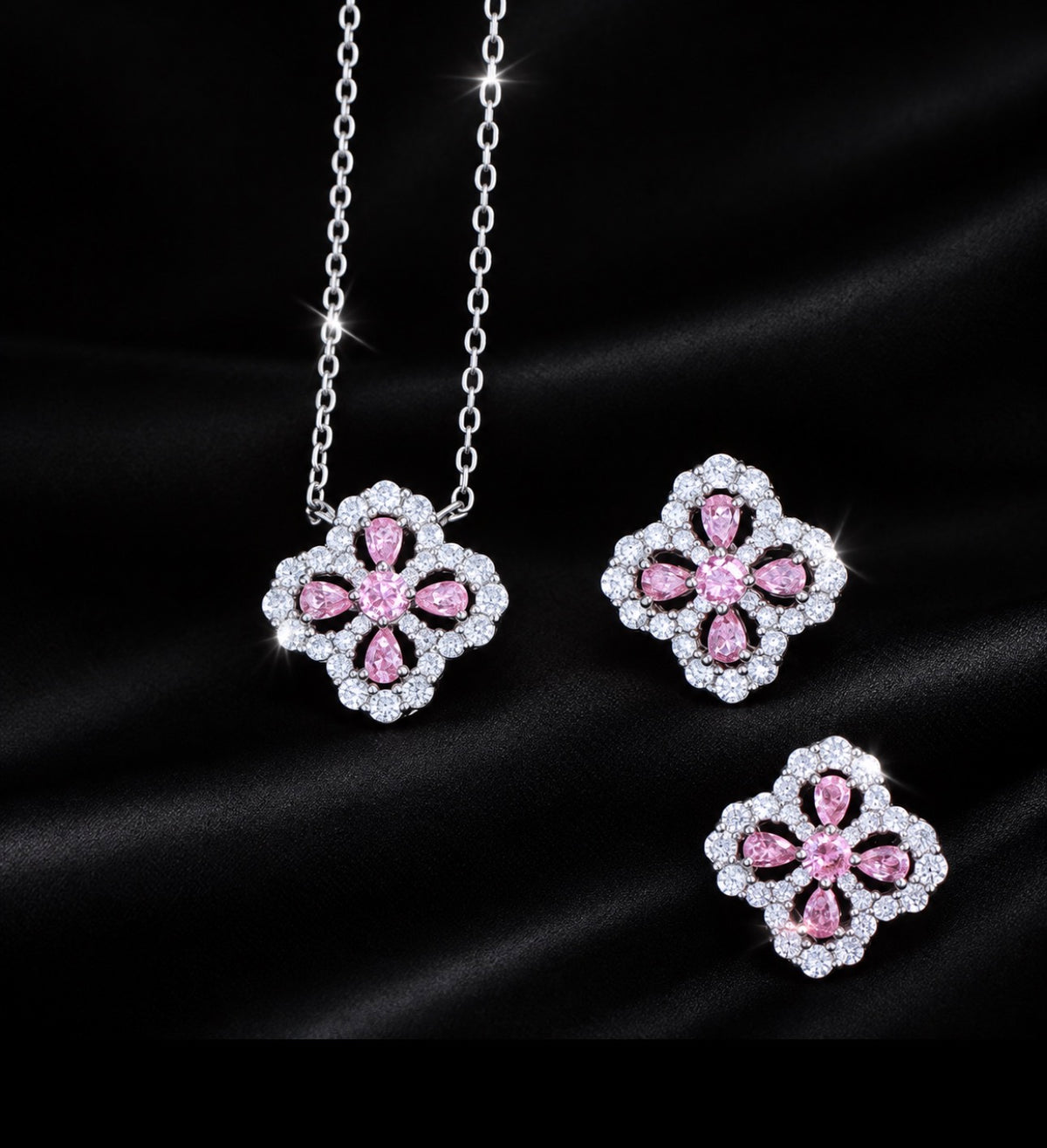 NISHKI Pink Lucky Clover S925 Necklace & Earring Set